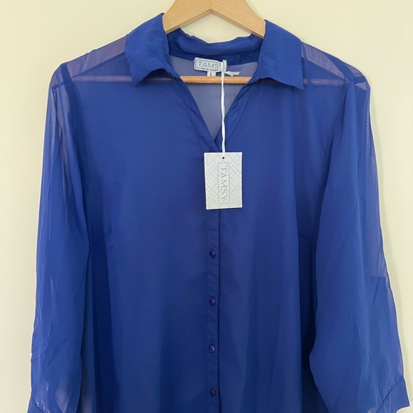 Tamsy Womens Blue Cover Up Shirt Dress Large Beachwear Button Up Billowy Sheer - Picture 6 of 17